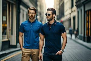 two men wearing blue and black polo shirts. AI-Generated photo