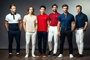 un grupo de hombres en diferente colores de polo camisas generado por ai foto