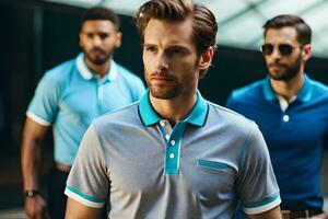 three men in blue and grey polo shirts. AI-Generated photo