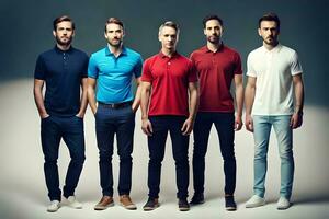 cinco hombres en diferente colores de polo camisas generado por ai foto