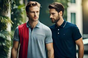 two men wearing polo shirts standing next to each other. AI-Generated photo