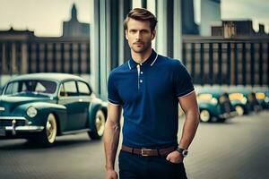 a man in a blue polo shirt standing next to a classic car. AI-Generated photo