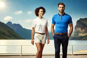 a man and woman in white shirts and shorts standing on a dock. AI-Generated photo