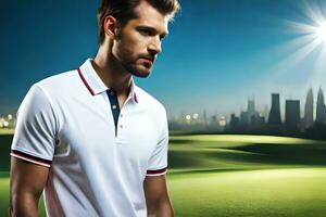 a man in a white polo shirt standing on a golf course. AI-Generated photo