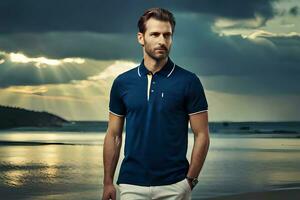 a man in a blue polo shirt standing on the beach. AI-Generated photo