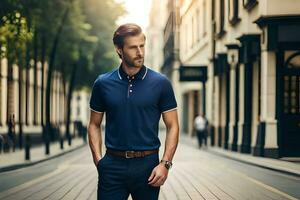 a man in a blue polo shirt and pants standing on a street. AI-Generated photo