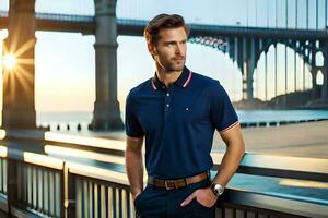 a man in a blue polo shirt and pants standing on a bridge. AI-Generated photo