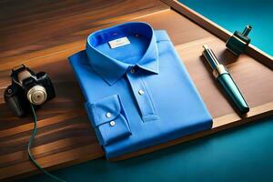 a blue shirt and camera on a wooden table. AI-Generated photo