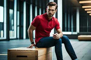 a man in a red shirt sitting on a wooden box. AI-Generated photo