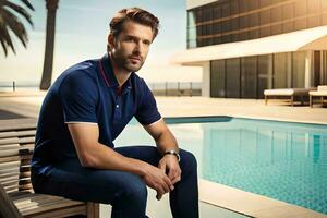 a man sitting by a pool in a blue polo shirt. AI-Generated photo