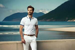 a man in white pants and a polo shirt standing by the ocean. AI-Generated photo