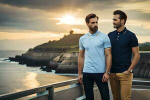 two men in polo shirts standing on a bridge overlooking the ocean. AI-Generated photo