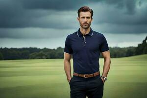 a man in a blue polo shirt standing on a golf course. AI-Generated photo