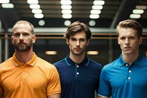 three men wearing different colored polo shirts. AI-Generated photo