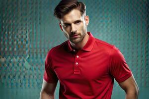 un hombre en un rojo polo camisa posando para el cámara. generado por ai foto