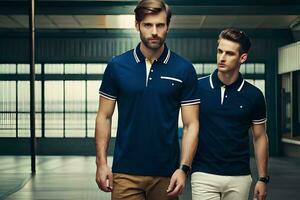 two men wearing blue polo shirts. AI-Generated photo