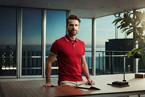 a man in a red polo shirt sitting at a desk. AI-Generated photo