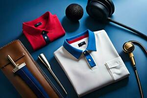 a pair of men's polo shirts, a pair of headphones and a pair of sunglasses. AI-Generated photo