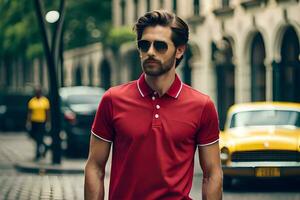 un hombre en un rojo polo camisa y Gafas de sol. generado por ai foto