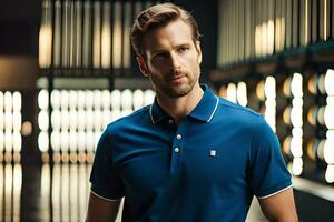 a man in a blue polo shirt standing in a dark room. AI-Generated photo