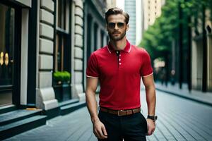 un hombre en un rojo polo camisa y Gafas de sol. generado por ai foto
