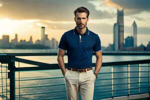 a man in a blue polo shirt and khaki pants. AI-Generated photo