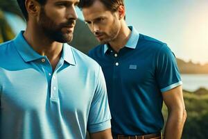 two men wearing blue polo shirts standing next to each other. AI-Generated photo