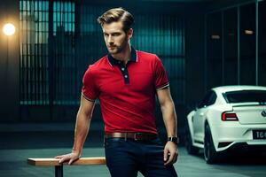 a man in a red polo shirt standing next to a white car. AI-Generated photo