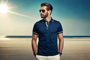 a man in sunglasses and a polo shirt on the beach. AI-Generated photo