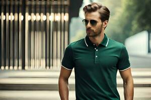 a man in a green polo shirt and sunglasses. AI-Generated photo