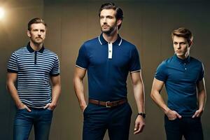 Tres hombres en azul polo camisas y vaqueros. generado por ai foto