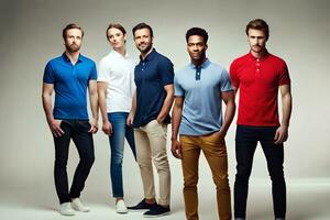 cinco hombres en diferente colores de polo camisas generado por ai foto