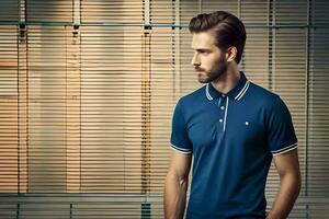 a man in a blue polo shirt standing in front of blinds. AI-Generated photo