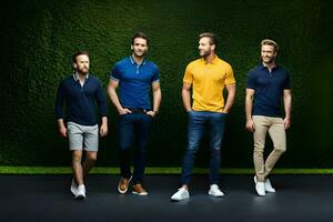 four men in different colors standing in front of a green wall. AI-Generated photo