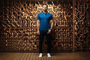 a man standing in front of a wall with wooden blocks. AI-Generated photo
