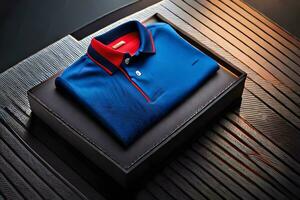 a blue polo shirt in a box on a wooden surface. AI-Generated photo