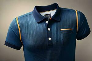 a blue polo shirt with yellow trims. AI-Generated photo