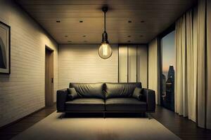 a modern living room with a black couch and a light bulb. AI-Generated photo