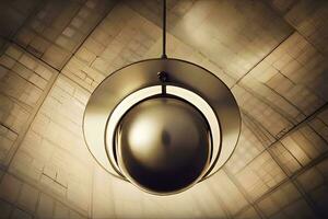 a large metal ball hanging from a ceiling. AI-Generated photo