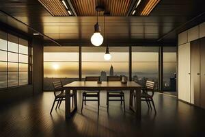 un comida habitación con un mesa y sillas en frente de un ventana. generado por ai foto