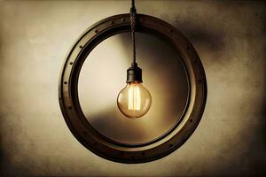 a circular light bulb is hanging from a rope. AI-Generated photo
