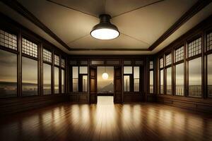 empty room with wooden floors and windows. AI-Generated photo