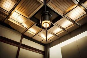 un techo ligero en un habitación con de madera paneles generado por ai foto