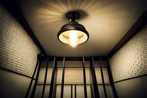 a light bulb is hanging from the ceiling of a jail cell. AI-Generated photo