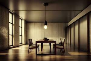 un comida habitación con un mesa y sillas. generado por ai foto