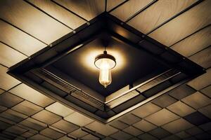 un ligero bulbo es colgando desde el techo en un habitación. generado por ai foto