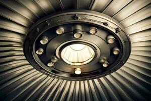 a circular light fixture in a metal ceiling. AI-Generated photo