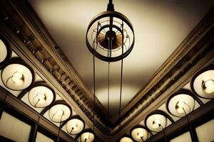 a clock in a building with lights on the ceiling. AI-Generated photo