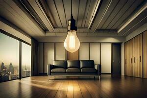 a room with a couch and a light bulb. AI-Generated photo