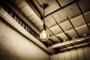 a light bulb is hanging from the ceiling in a room. AI-Generated photo